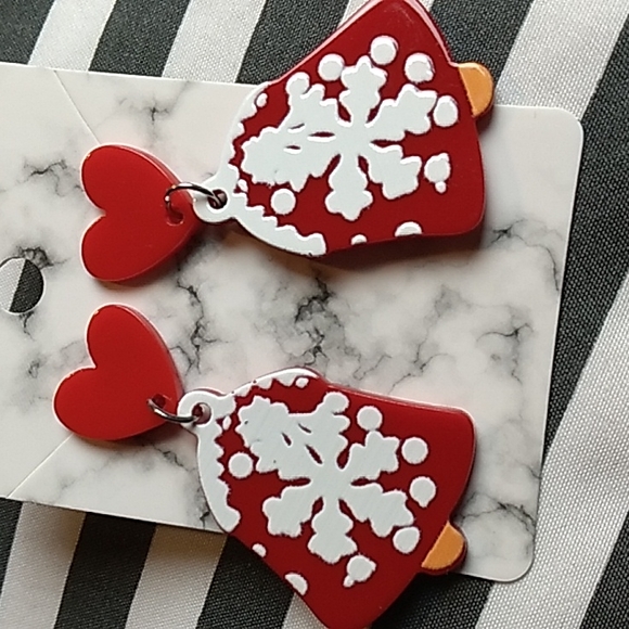 Acrylic Bell Christmas Earrings 1 x 2 inches Red & white - Picture 2 of 3